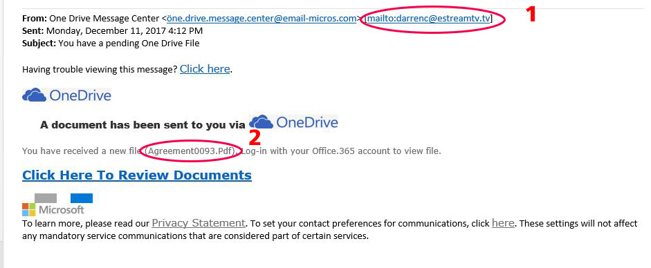 Showing Message form One Drive Message Center